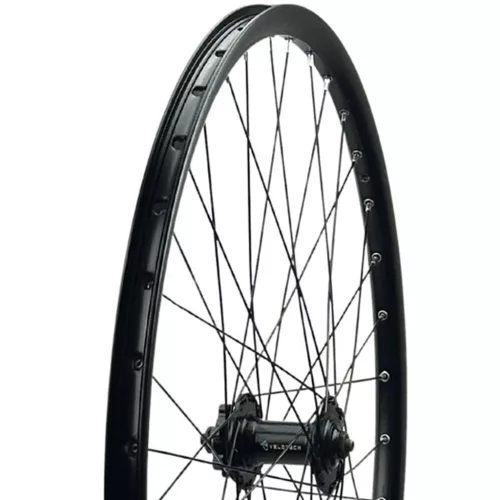 Első kerék 28/29” (622mm) szegecselt duplafalú fekete alu abroncs, csapágyas tárcsás gyorszáras fekete alu agy fekete küllő