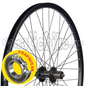   Hátsó kerék 28/29” (622mm) szegecselt duplafalú fekete alu abroncs, tárcsás csapágyas kazettás gyorszáras fekete alu agy fekete küllő