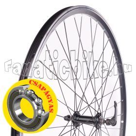   Első kerék 28” (622mm) duplafalú fekete alu abroncs, csapágyas gyorszáras fekete alu agy fekete küllő