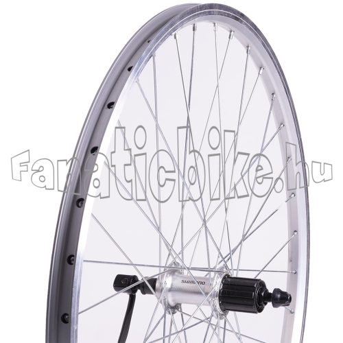Hátsó kerék 26" (559mm) duplafalú ezüst alu abroncs, kazettás gyorszáras ezüst alu agy