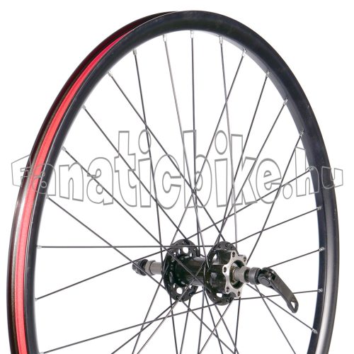 Hátsó kerék 26” (559mm) duplafalú fekete alu abroncs, tárcsás gyorszáras fekete alu agy, fekete küllő