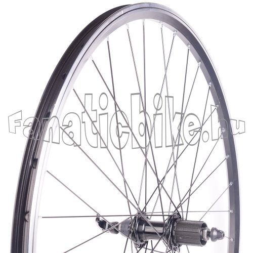 Hátsó kerék 28/29” (622mm) duplafalú fekete alu abroncs, kazettás gyorszáras fekete alu agy fekete küllő