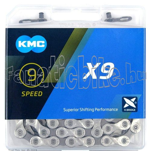 KMC X9 9 sebességes 1/2X11/128 114 tagú lánc, patentszemmel, műanyag dobozban