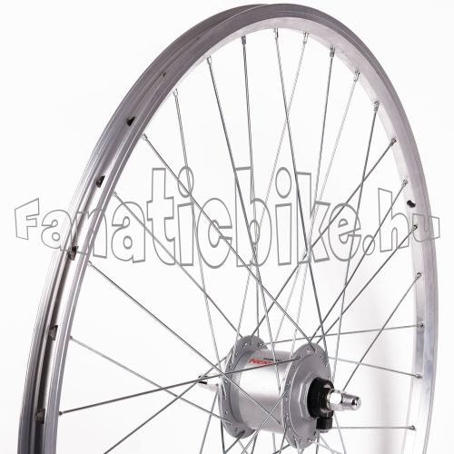 Első kerék 26” (559mm) ezüst duplafalú alu abroncs, Shimano 3W agydinamós ezüst agy