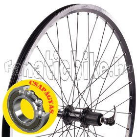   Hátsó kerék 26" (559mm) szegecselt duplafalú fekete alu abroncs, csapágyas kazettás gyorszáras fekete alu agy fekete küllő