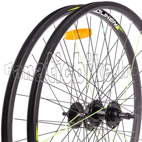 Kerék szett 26” (559mm) duplafalú fekete alu abroncs, tárcsás fekete acél agy fekete és zöld küllő