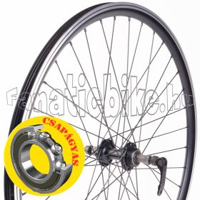   Hátsó kerék 26” (559mm) duplafalú fekete alu abroncs, csapágyas, gyorszáras, fekete alu agy fekete küllő